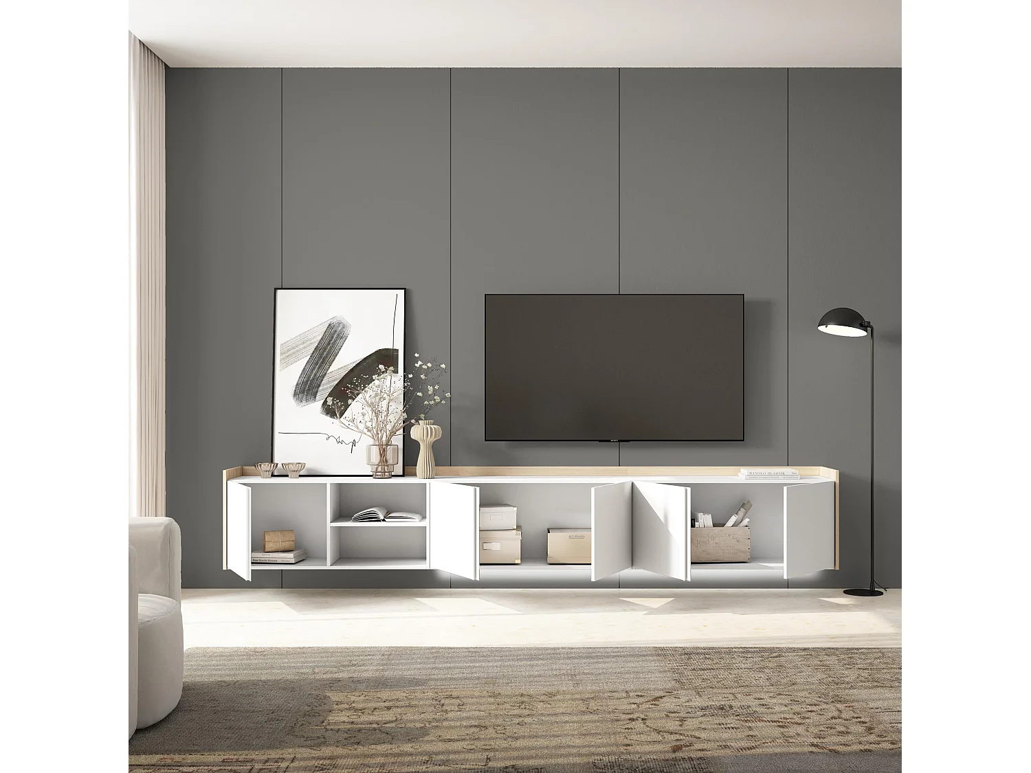 TV-Schrank, Lowboard, 309x50x35 cm, Für TV-Geräte bis zu 80", Hängend, LED, Weiß und Eiche Soft