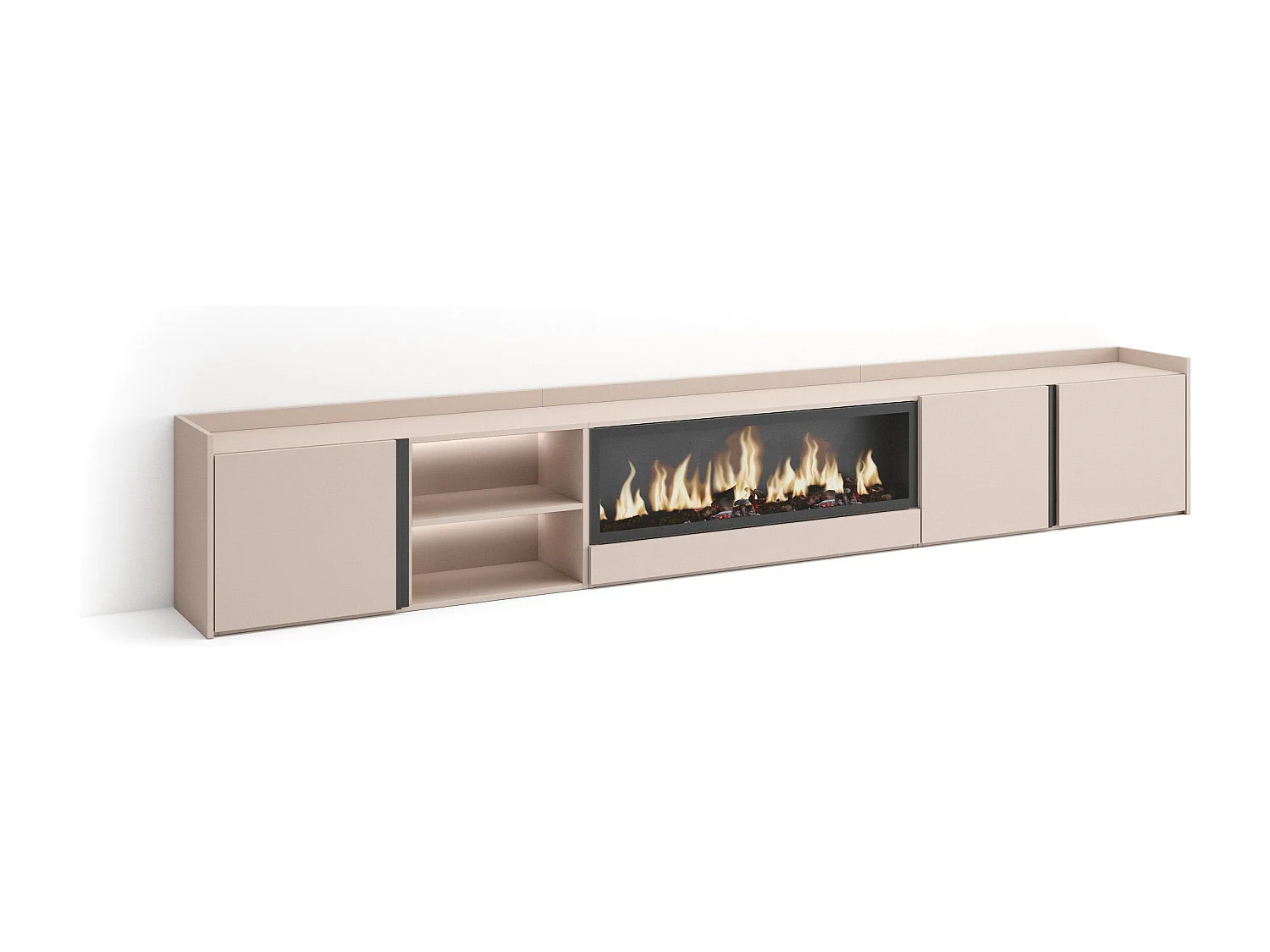 TV-Meubel, Lowboard, 315x50x35 cm, Voor tv's tot 80", Elektrische haard XXL, LED, Beige