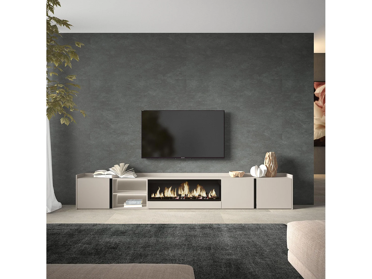 TV-Meubel, Lowboard, 315x50x35 cm, Voor tv's tot 80", Elektrische haard XXL, LED, Beige