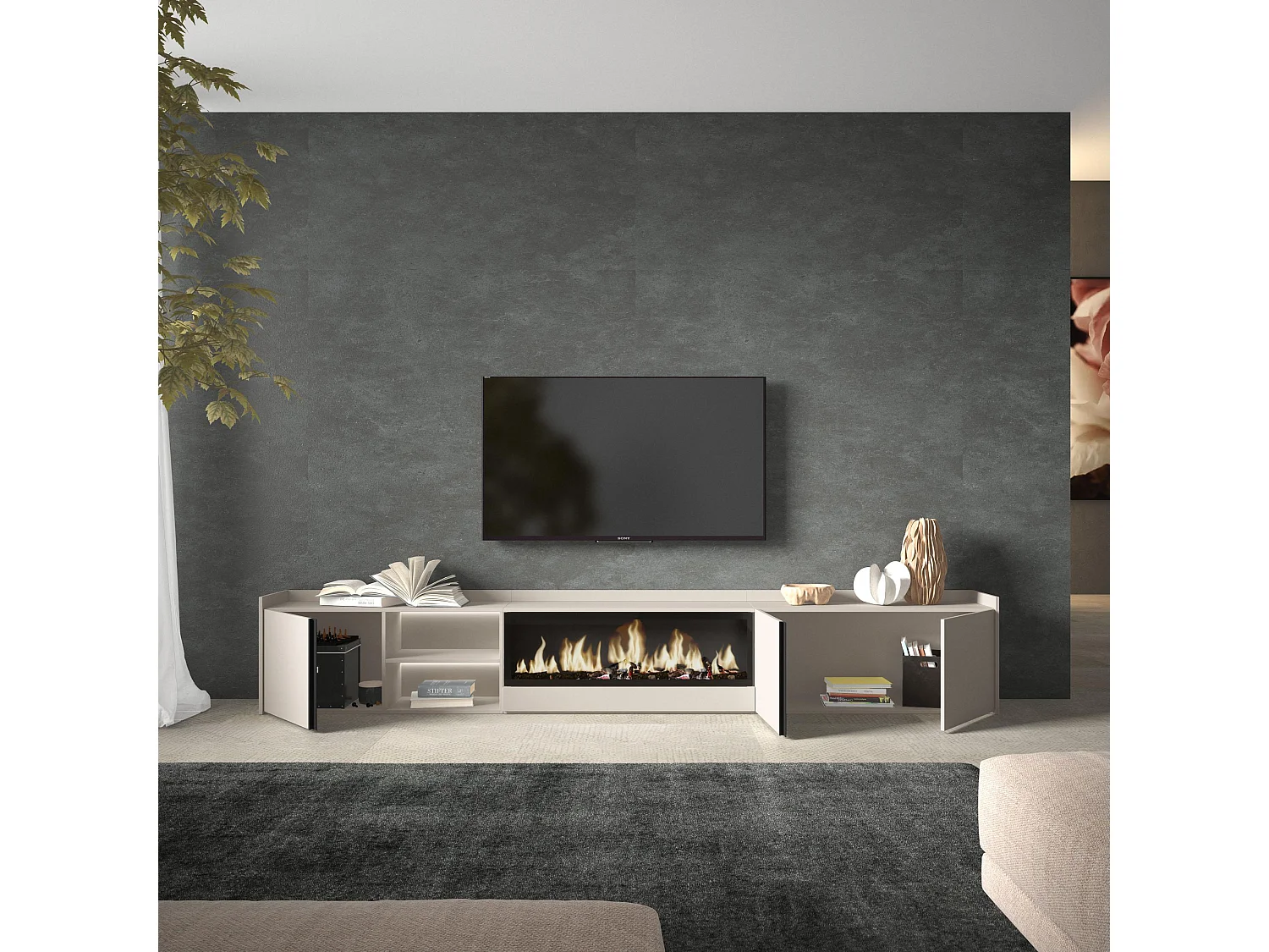 TV-Meubel, Lowboard, 315x50x35 cm, Voor tv's tot 80", Elektrische haard XXL, LED, Beige