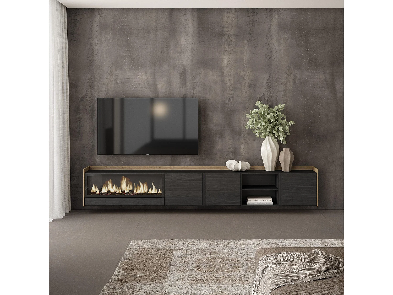 Móvel de TV, 315x50x35 cm, Para televisores até 80", Lareira eléctrica XXL, Suspensos, Preto e Carvalho