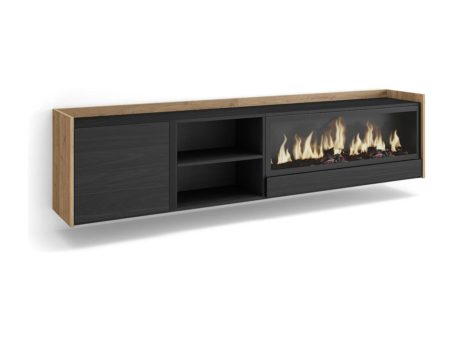 TV-Schrank, Lowboard, 212x50x35 cm, Für TV-Geräte bis zu 80", Elektrokamin XXL, Hängend, Schwarz Eiche