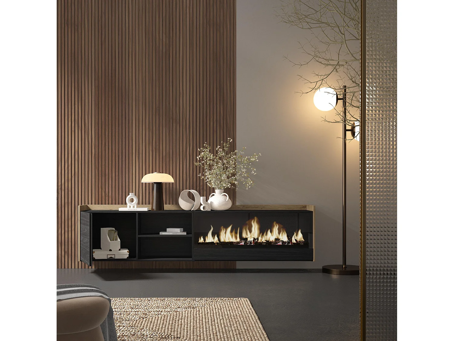 TV-Schrank, Lowboard, 212x50x35 cm, Für TV-Geräte bis zu 80", Elektrokamin XXL, Hängend, Schwarz Eiche