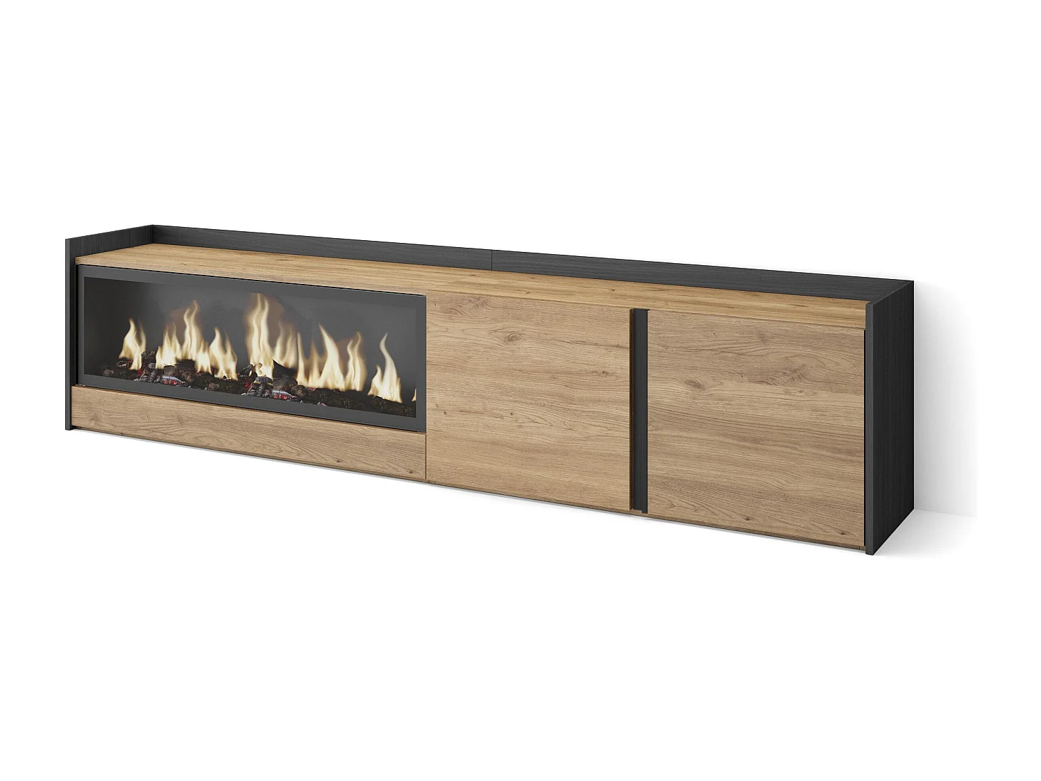 Meuble TV, Banc Télé, 212x50x35 cm, Pour les TV jusqu'à 80", Cheminée électrique XXL, Chêne et noir