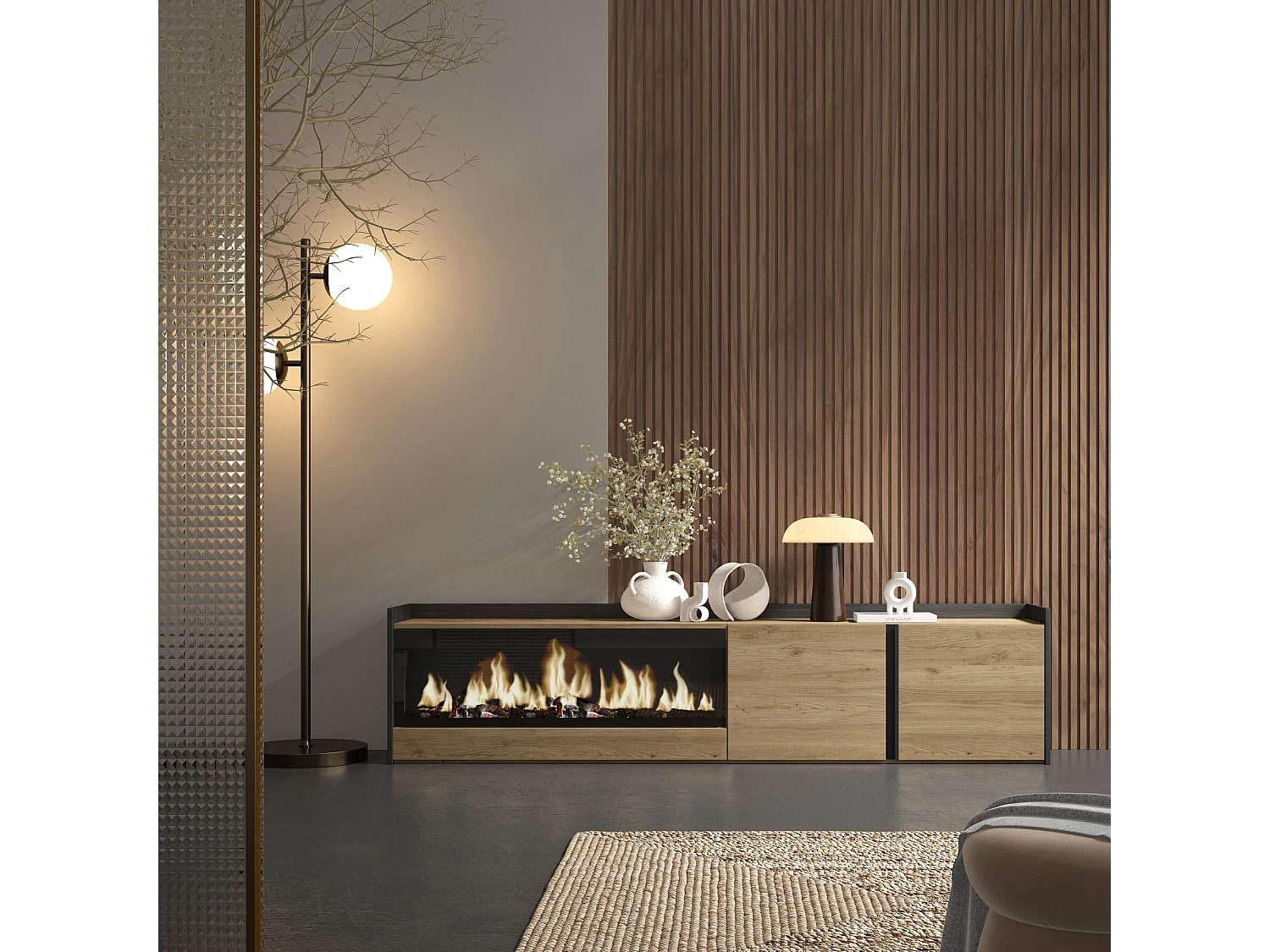 Meuble TV, Banc Télé, 212x50x35 cm, Pour les TV jusqu'à 80", Cheminée électrique XXL, Chêne et noir