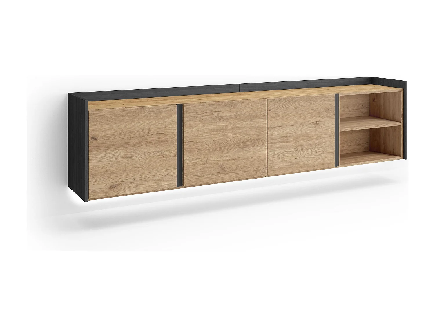 TV-Schrank, Lowboard, 207x50x35 cm, Für TV-Geräte bis zu 80", Hängend, LED, Eiche Schwarz