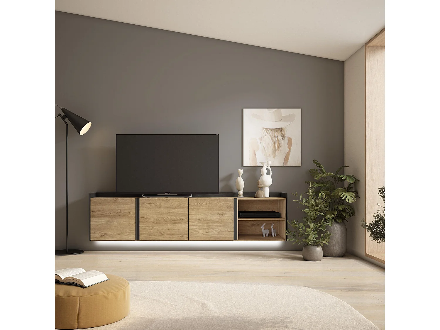 TV-Schrank, Lowboard, 207x50x35 cm, Für TV-Geräte bis zu 80", Hängend, LED, Eiche Schwarz