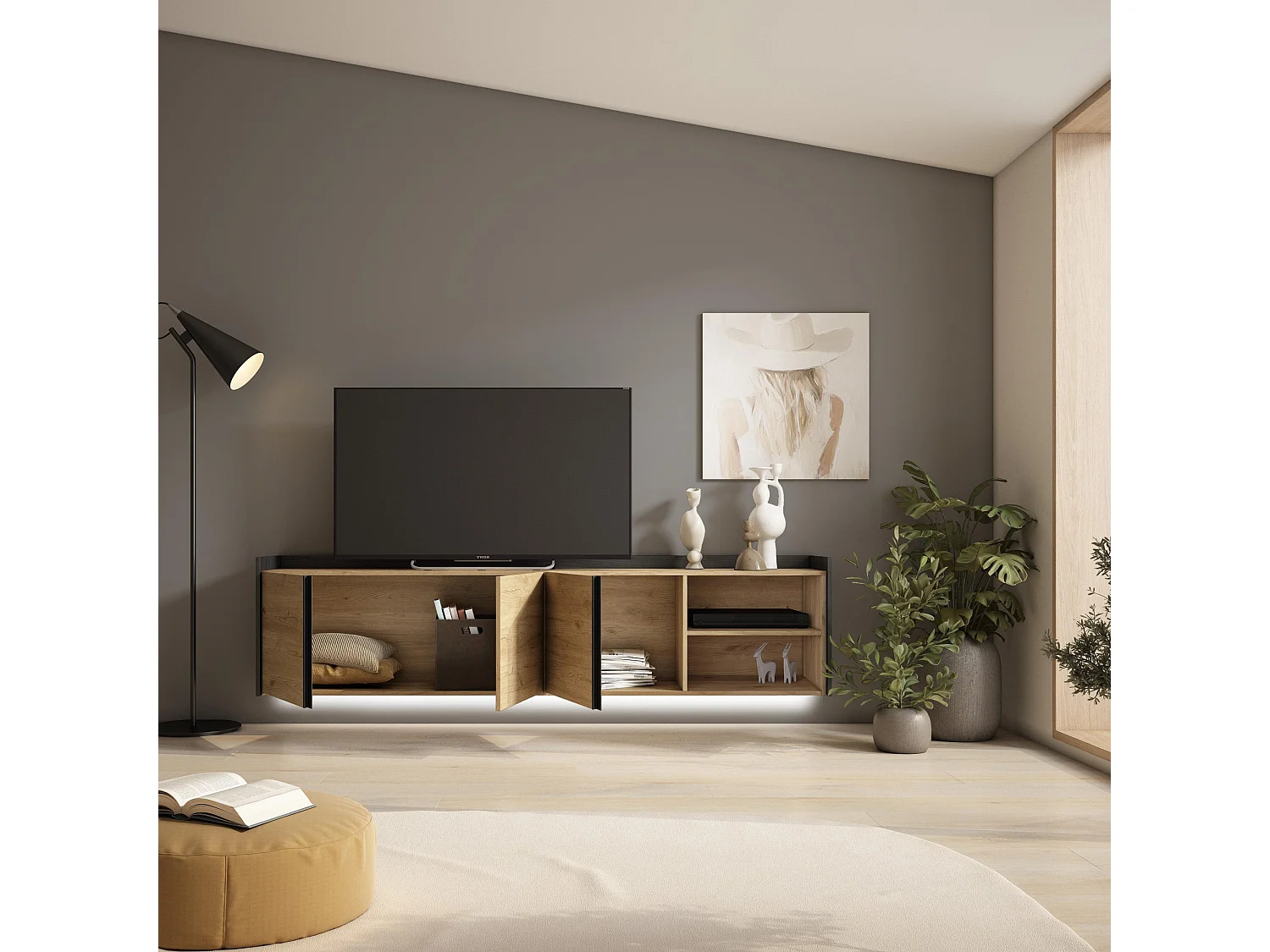 TV-Schrank, Lowboard, 207x50x35 cm, Für TV-Geräte bis zu 80", Hängend, LED, Eiche Schwarz