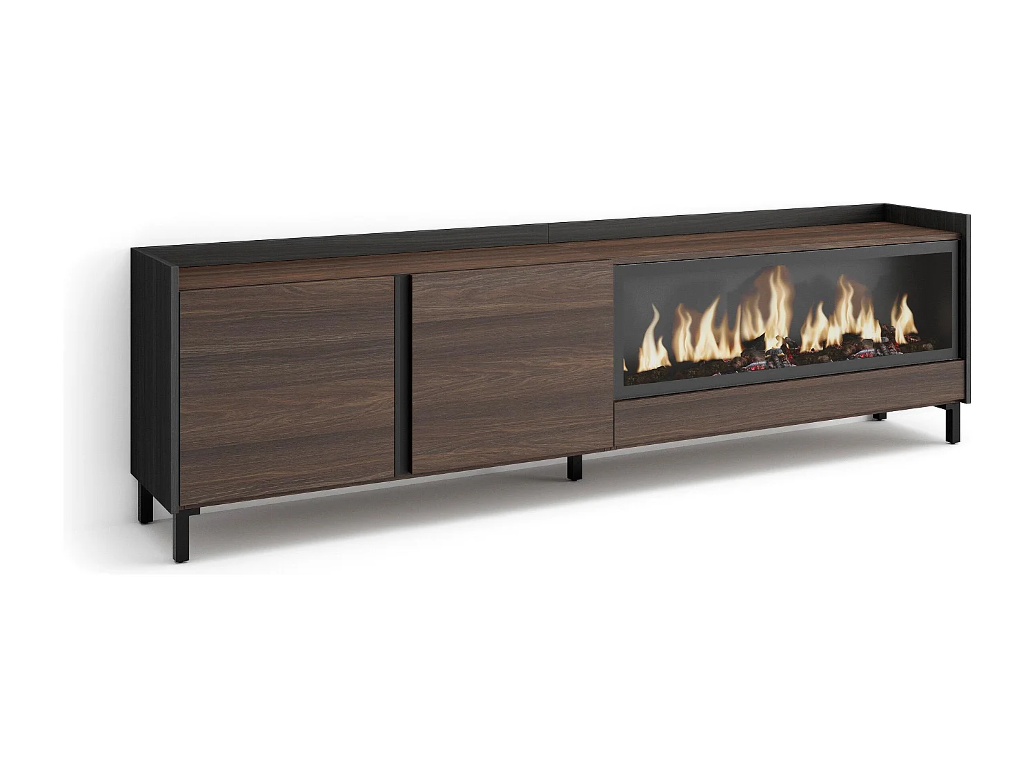 Mueble TV, Televisión, 212x61x35 cm, Para TV hasta 80", Chimenea eléctrica XXL, Diseño industrial, Roble oscuro y Negro