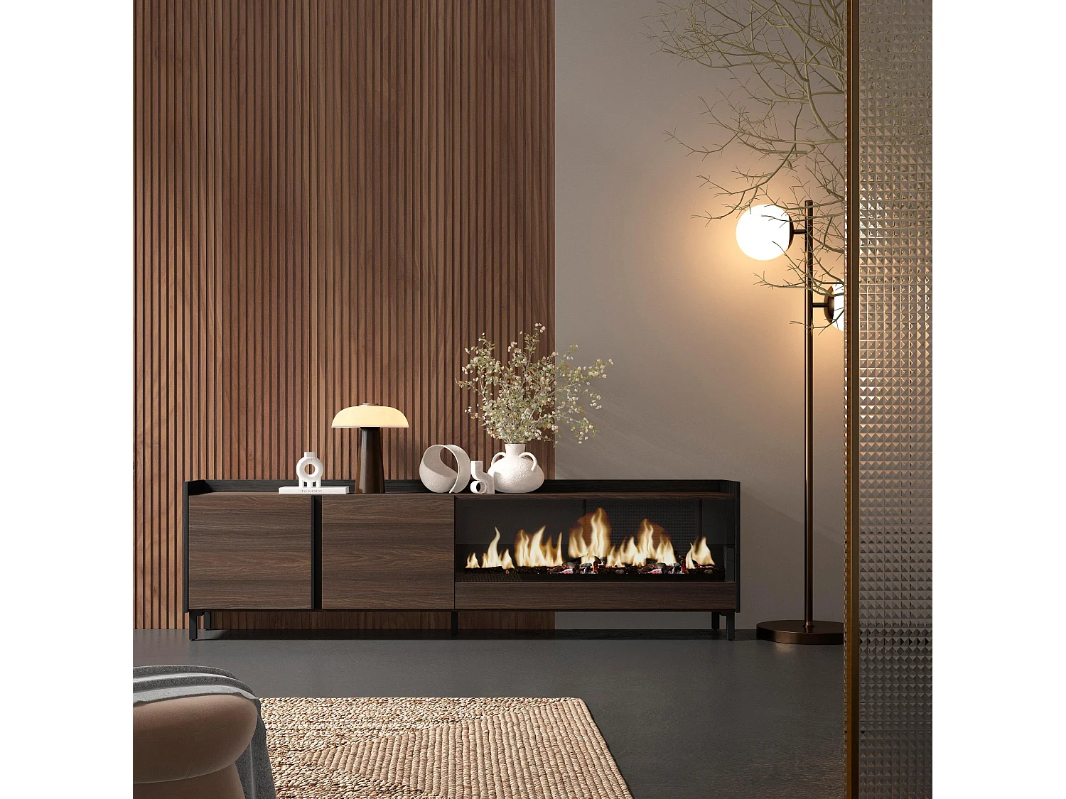 Mueble TV, Televisión, 212x61x35 cm, Para TV hasta 80", Chimenea eléctrica XXL, Diseño industrial, Roble oscuro y Negro