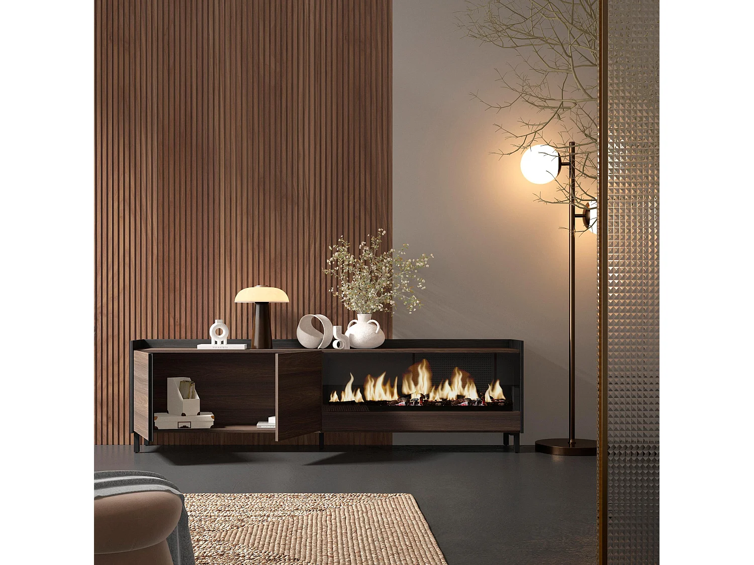 Mueble TV, Televisión, 212x61x35 cm, Para TV hasta 80", Chimenea eléctrica XXL, Diseño industrial, Roble oscuro y Negro