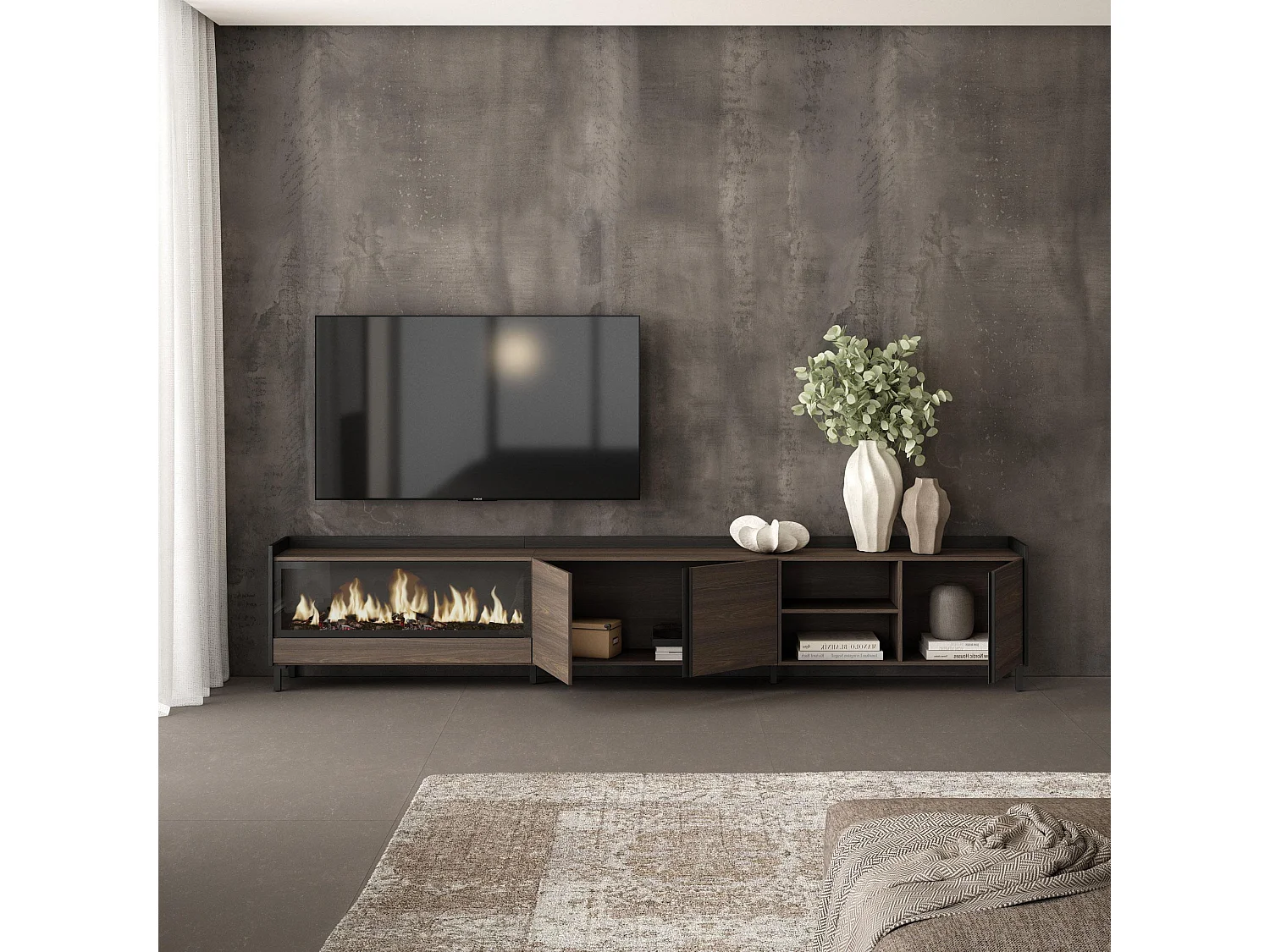 TV-Schrank, Lowboard, 315x61x35 cm, Für TV-Geräte bis zu 80", Elektrokamin XXL, Industriedesign, Dunkler Eiche und Schwarz