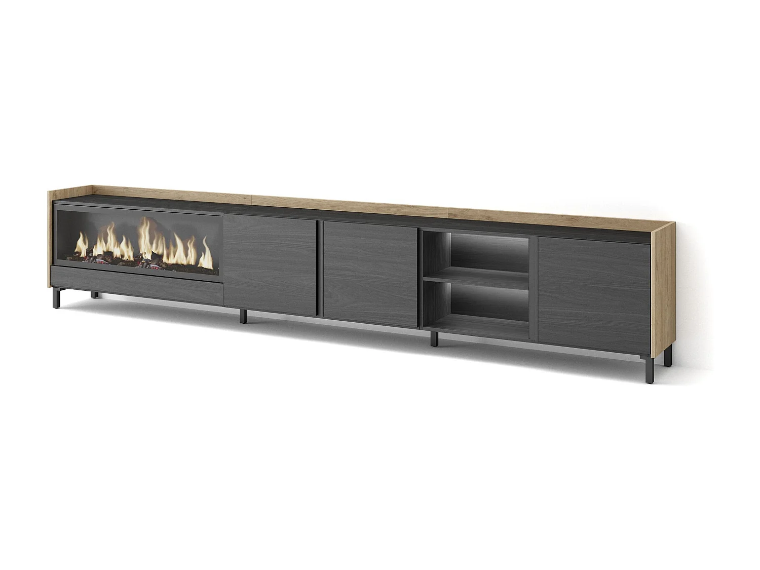 TV-Meubel, Lowboard, 315x61x35 cm, Voor tv's tot 80", Elektrische haard XXL, Industrieel design, LED, Zwart/Eiken