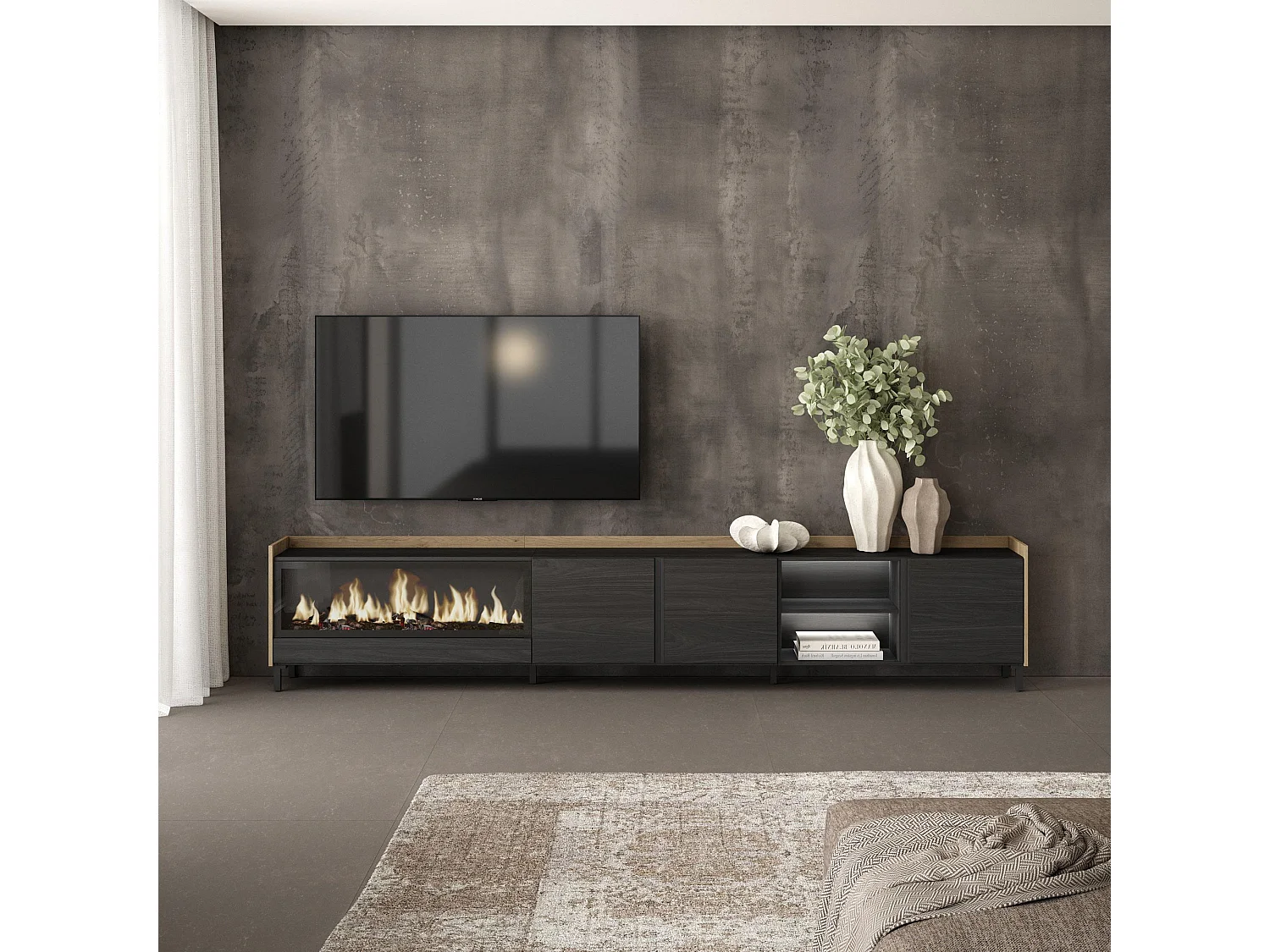 TV-Meubel, Lowboard, 315x61x35 cm, Voor tv's tot 80", Elektrische haard XXL, Industrieel design, LED, Zwart/Eiken