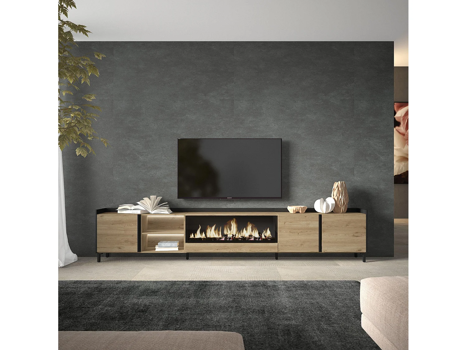 TV-Schrank, Lowboard, 315x61x35 cm, Für TV-Geräte bis zu 80", Elektrokamin XXL, Industriedesign, LED, Eiche Schwarz