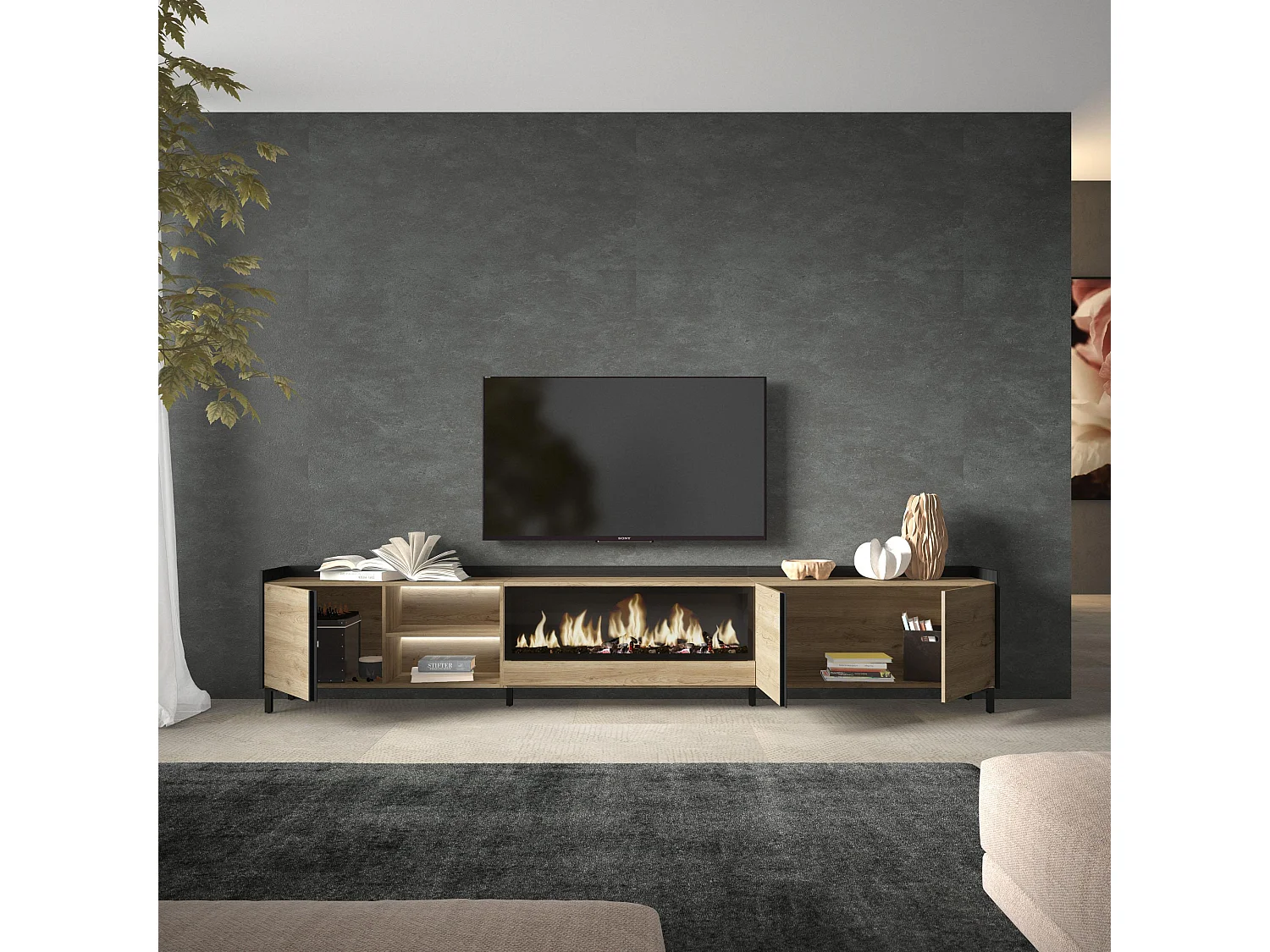 TV-Schrank, Lowboard, 315x61x35 cm, Für TV-Geräte bis zu 80", Elektrokamin XXL, Industriedesign, LED, Eiche Schwarz
