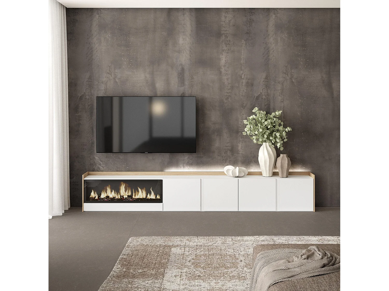 TV-Schrank, Lowboard, 315x50x35 cm, Für TV-Geräte bis zu 80", Elektrokamin XXL, LED, Weiß und Eiche Soft