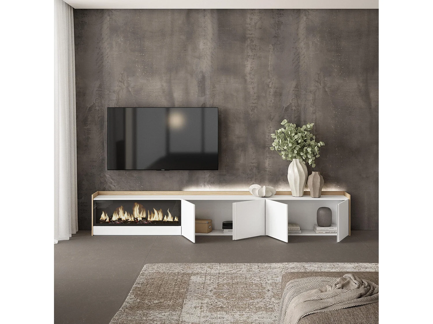 TV-Schrank, Lowboard, 315x50x35 cm, Für TV-Geräte bis zu 80", Elektrokamin XXL, LED, Weiß und Eiche Soft