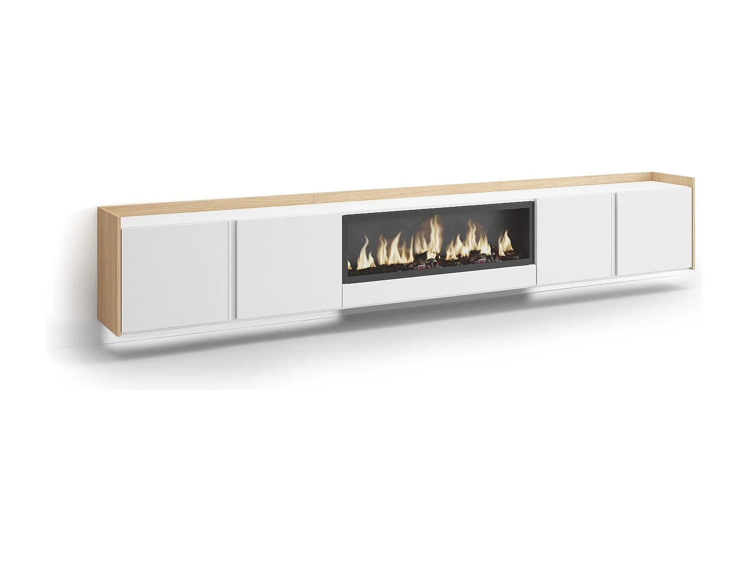 TV-Meubel, Lowboard, 315x50x35 cm, Voor tv's tot 80", Elektrische haard XXL, Hangend, LED, Wit en Eiken soft