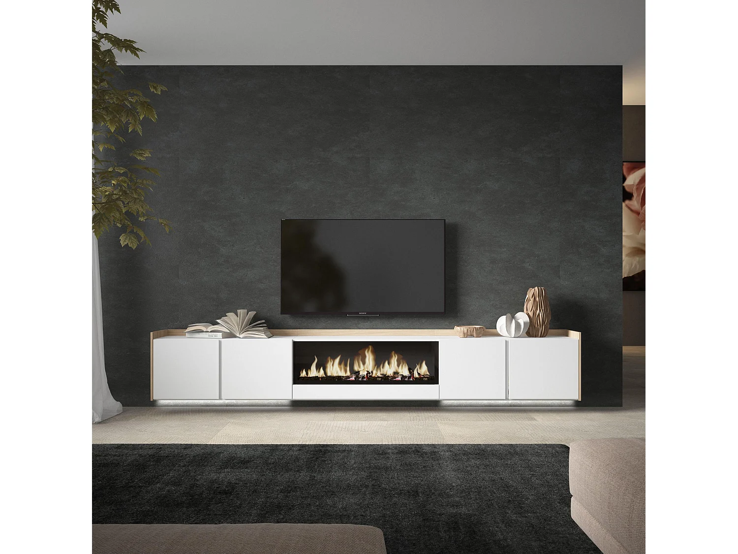 TV-Meubel, Lowboard, 315x50x35 cm, Voor tv's tot 80", Elektrische haard XXL, Hangend, LED, Wit en Eiken soft