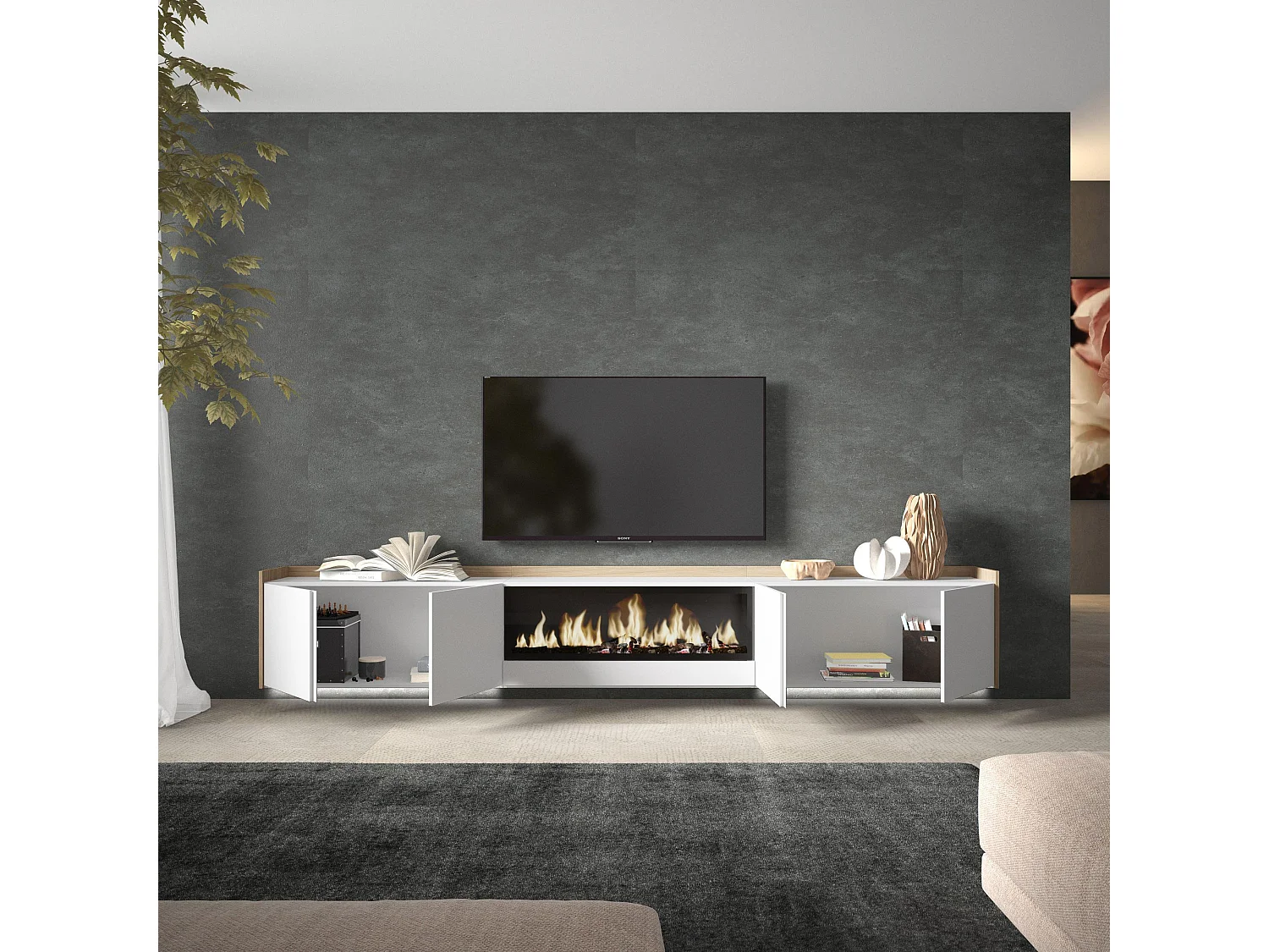 TV-Meubel, Lowboard, 315x50x35 cm, Voor tv's tot 80", Elektrische haard XXL, Hangend, LED, Wit en Eiken soft