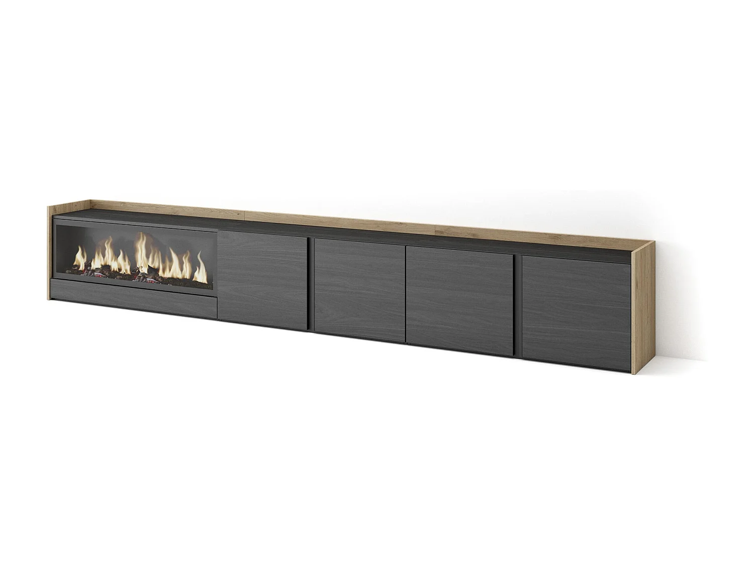 TV-Schrank - Lowboard - 315x50x35cm - Für TV-Geräte bis zu 80" - Elektrokamin XXL - Schwarz Eiche