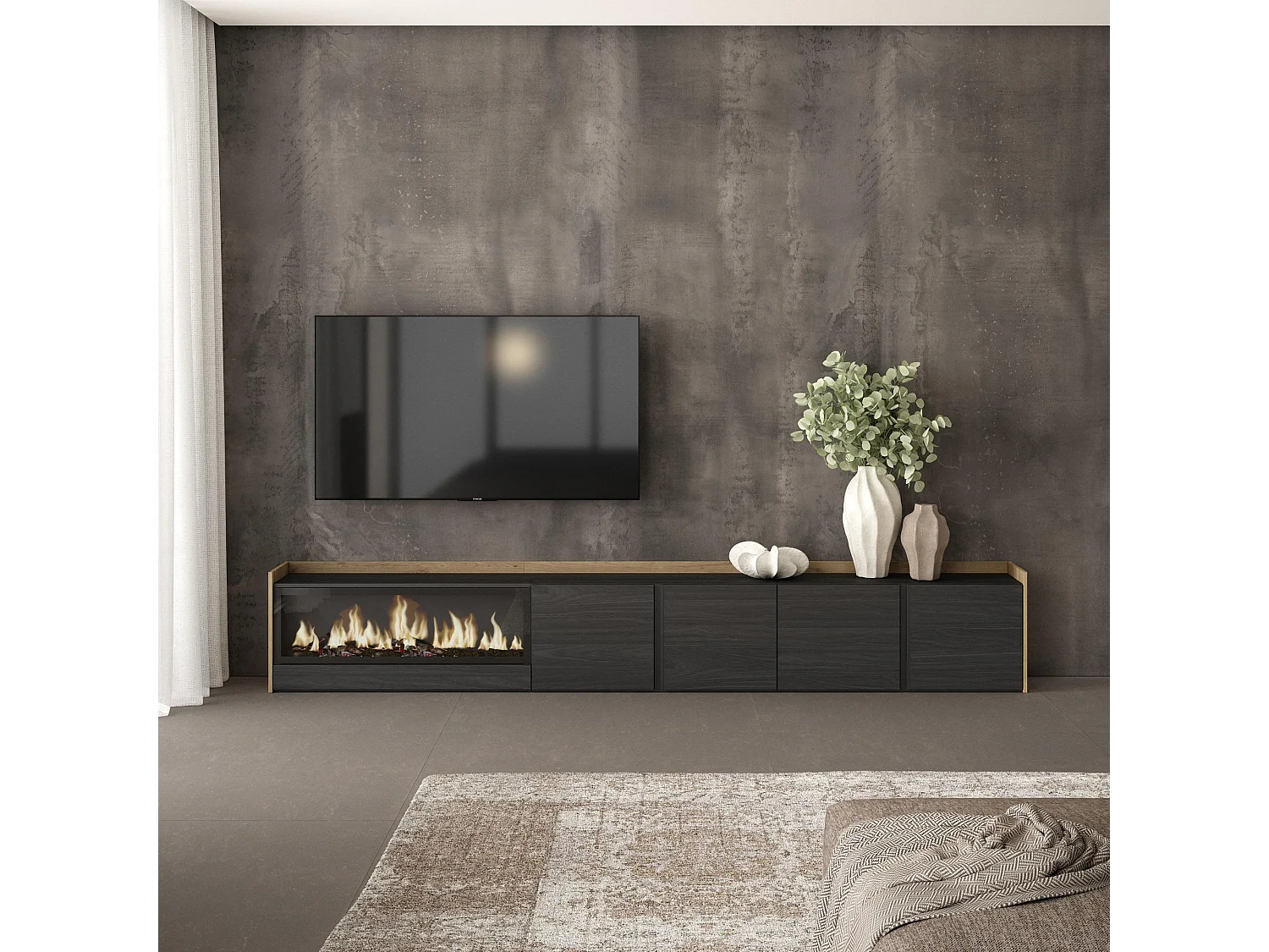TV-Schrank - Lowboard - 315x50x35cm - Für TV-Geräte bis zu 80" - Elektrokamin XXL - Schwarz Eiche