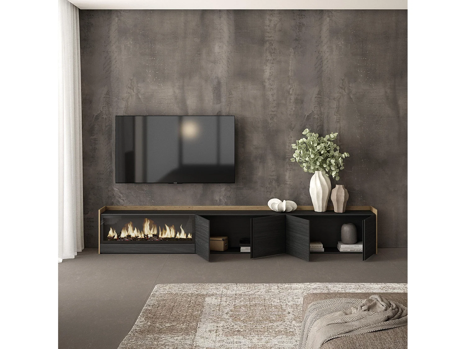 TV-Schrank - Lowboard - 315x50x35cm - Für TV-Geräte bis zu 80" - Elektrokamin XXL - Schwarz Eiche