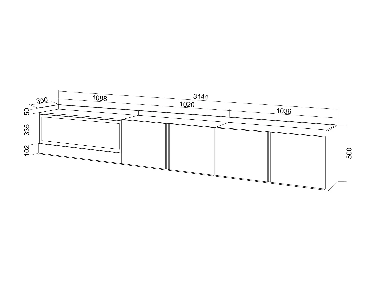 TV-Schrank - Lowboard - 315x50x35cm - Für TV-Geräte bis zu 80" - Elektrokamin XXL - Schwarz Eiche