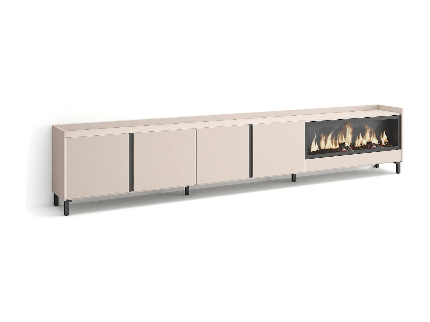 TV-Meubel, Lowboard, 315x61x35 cm, Voor tv's tot 80", Elektrische haard XXL, Industrieel design, Beige