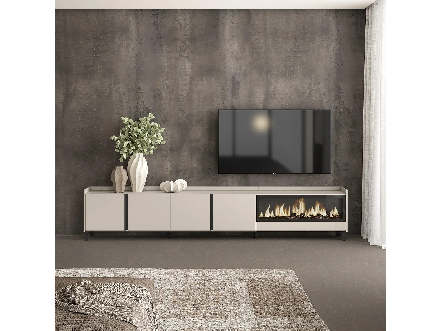 TV-Meubel, Lowboard, 315x61x35 cm, Voor tv's tot 80", Elektrische haard XXL, Industrieel design, Beige