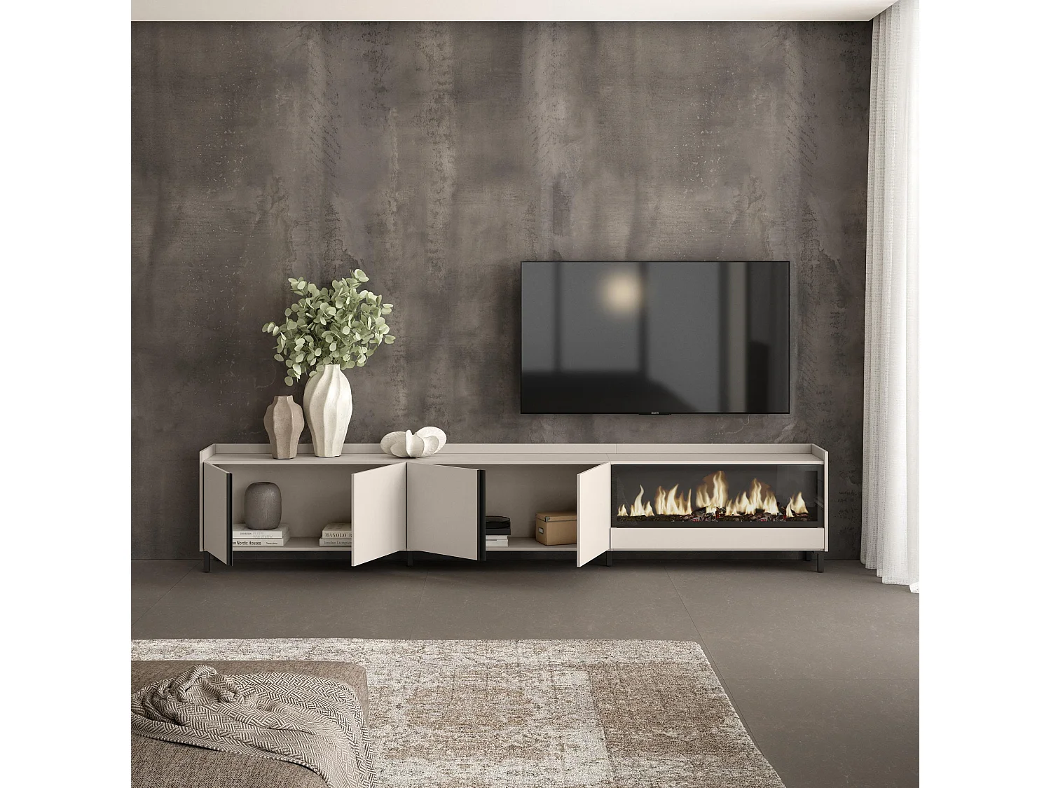 TV-Meubel, Lowboard, 315x61x35 cm, Voor tv's tot 80", Elektrische haard XXL, Industrieel design, Beige