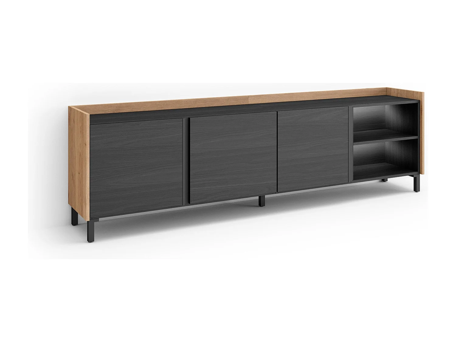 TV-Schrank, Lowboard, 207x61x35 cm, Für TV-Geräte bis zu 80", Industriedesign, LED, Schwarz Eiche