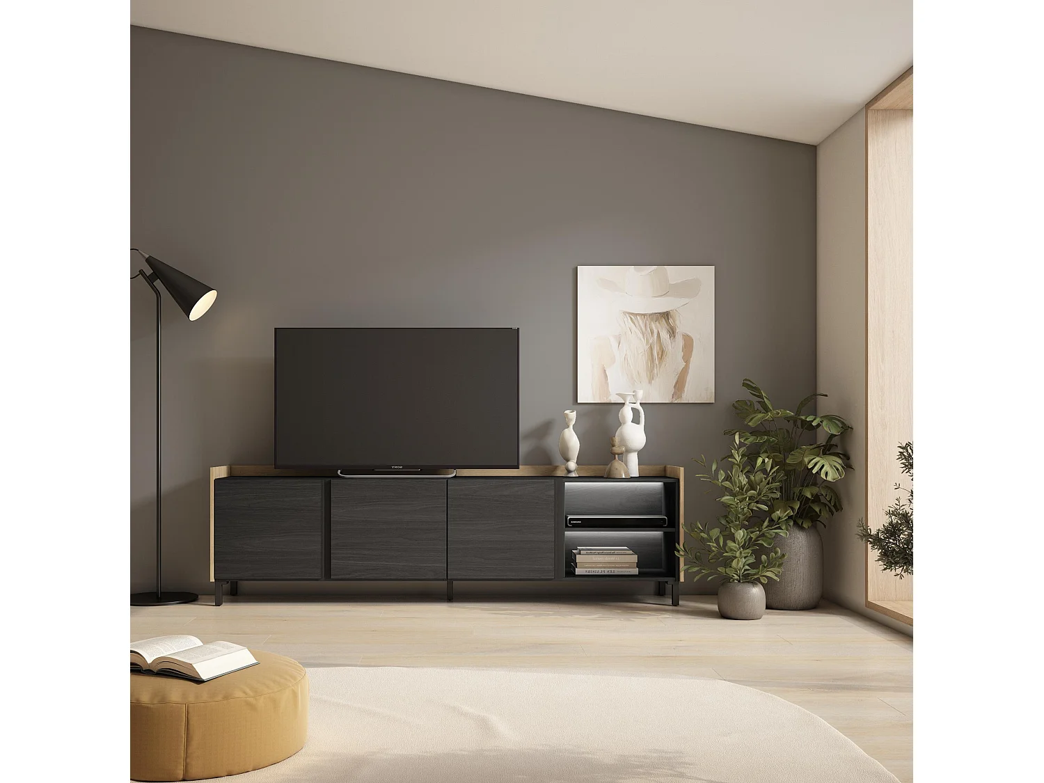 TV-Schrank, Lowboard, 207x61x35 cm, Für TV-Geräte bis zu 80", Industriedesign, LED, Schwarz Eiche