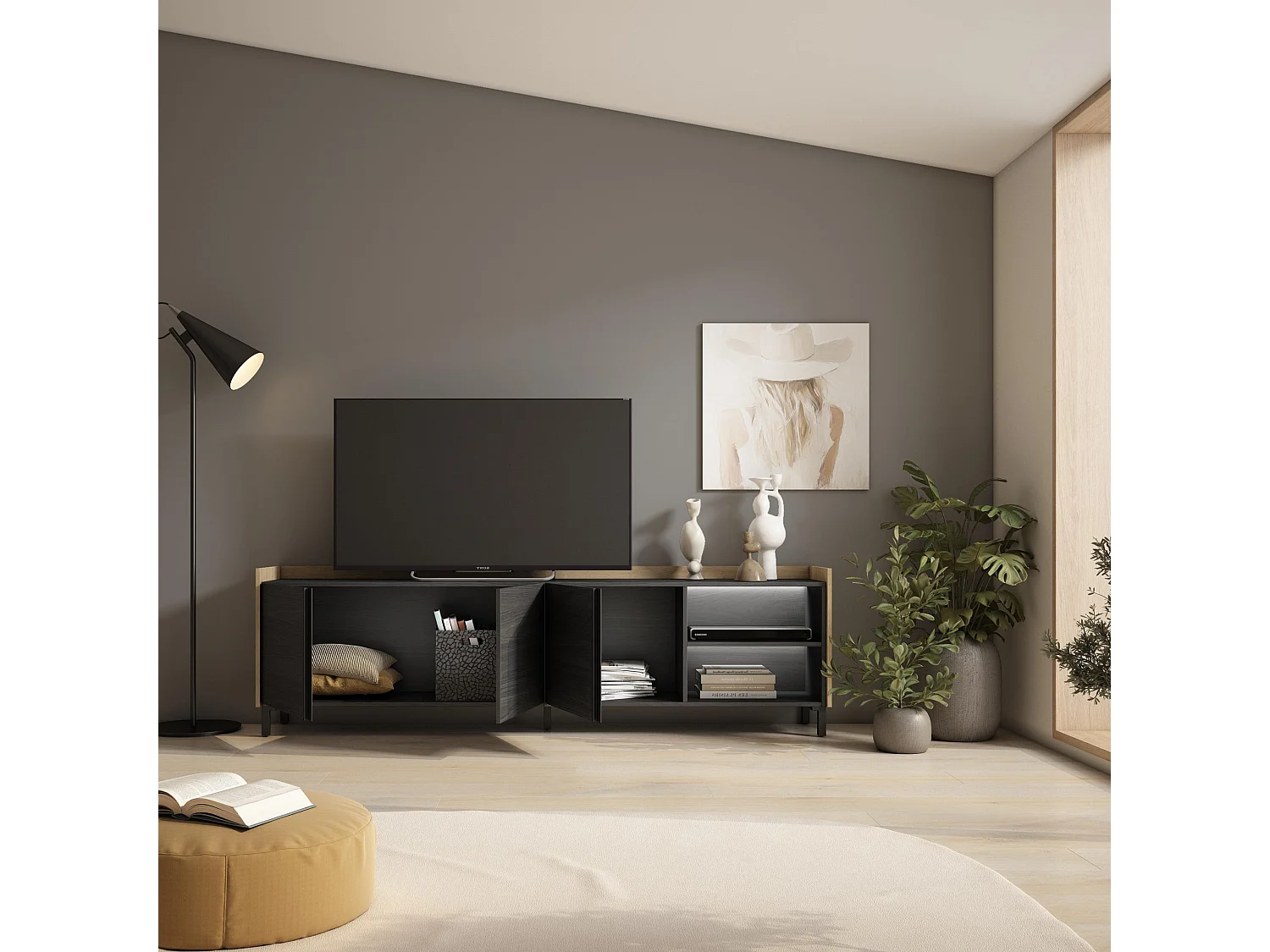 TV-Schrank, Lowboard, 207x61x35 cm, Für TV-Geräte bis zu 80", Industriedesign, LED, Schwarz Eiche
