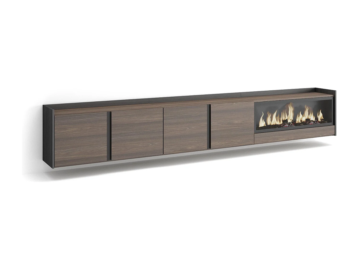 Meuble TV, Banc Télé, 315x50x35 cm, Pour les TV jusqu'à 80", Cheminée électrique XXL, Suspendu, Mural, Chêne foncé et Noir