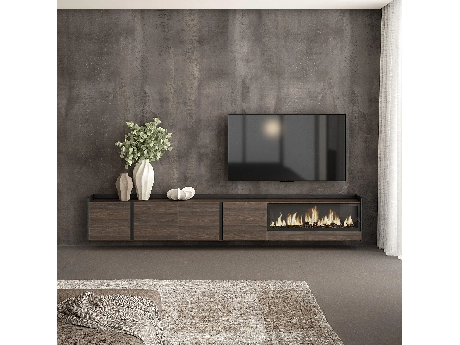 Meuble TV, Banc Télé, 315x50x35 cm, Pour les TV jusqu'à 80", Cheminée électrique XXL, Suspendu, Mural, Chêne foncé et Noir