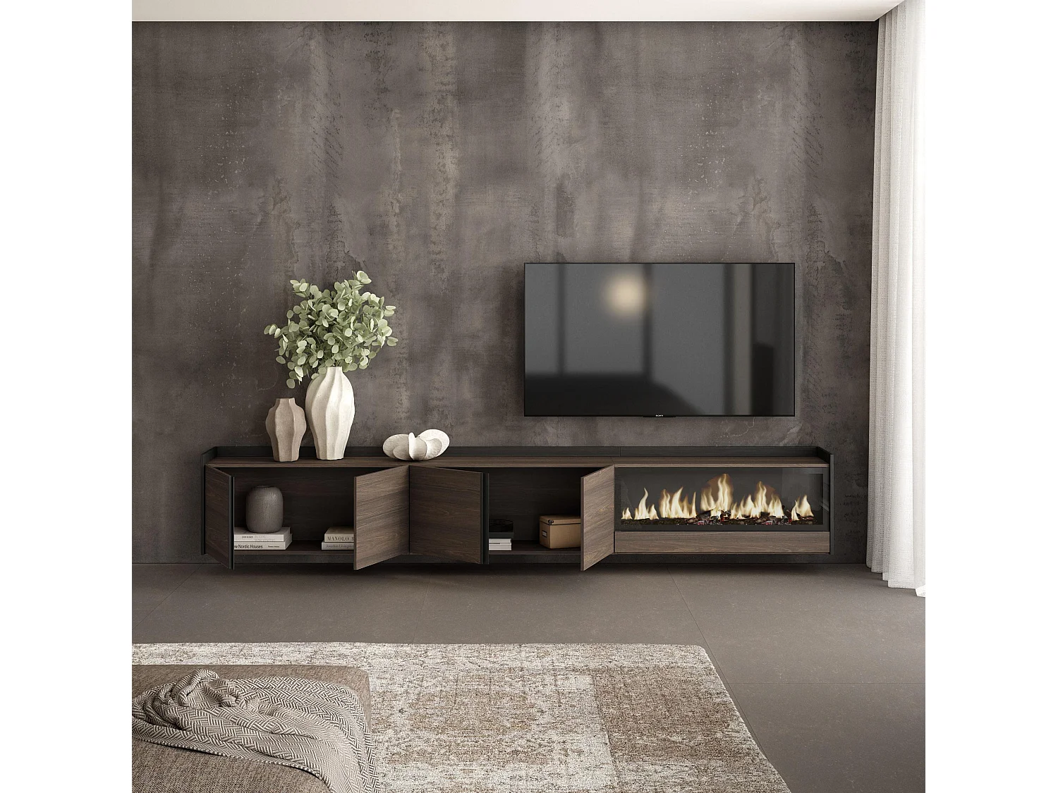 Meuble TV, Banc Télé, 315x50x35 cm, Pour les TV jusqu'à 80", Cheminée électrique XXL, Suspendu, Mural, Chêne foncé et Noir