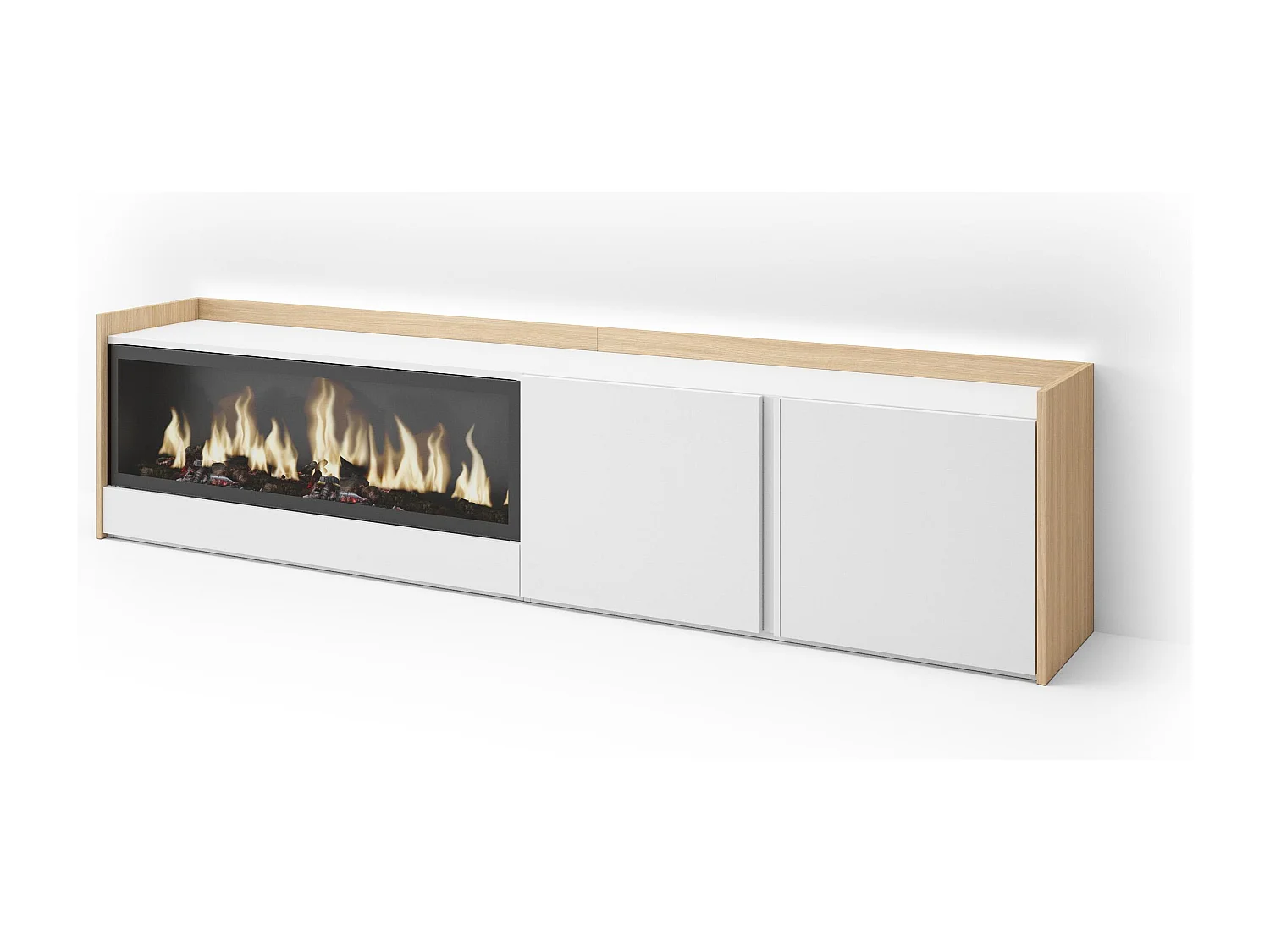 TV-Schrank, Lowboard, 212x50x35 cm, Für TV-Geräte bis zu 80", Elektrokamin XXL, LED, Weiß und Eiche Soft