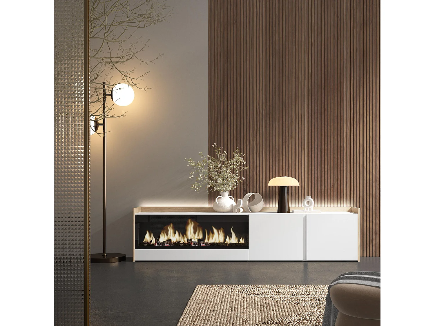 TV-Schrank, Lowboard, 212x50x35 cm, Für TV-Geräte bis zu 80", Elektrokamin XXL, LED, Weiß und Eiche Soft