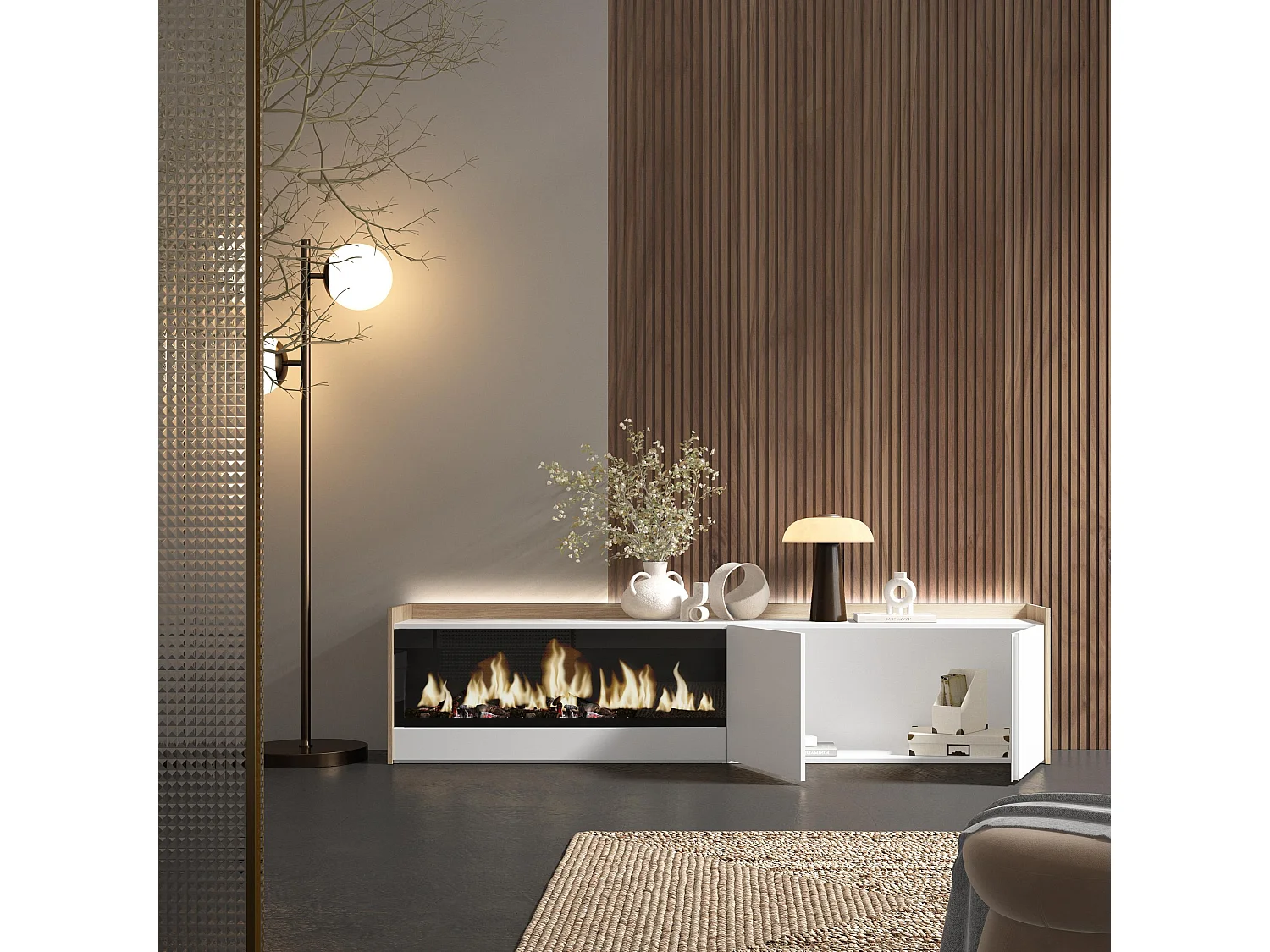 TV-Schrank, Lowboard, 212x50x35 cm, Für TV-Geräte bis zu 80", Elektrokamin XXL, LED, Weiß und Eiche Soft