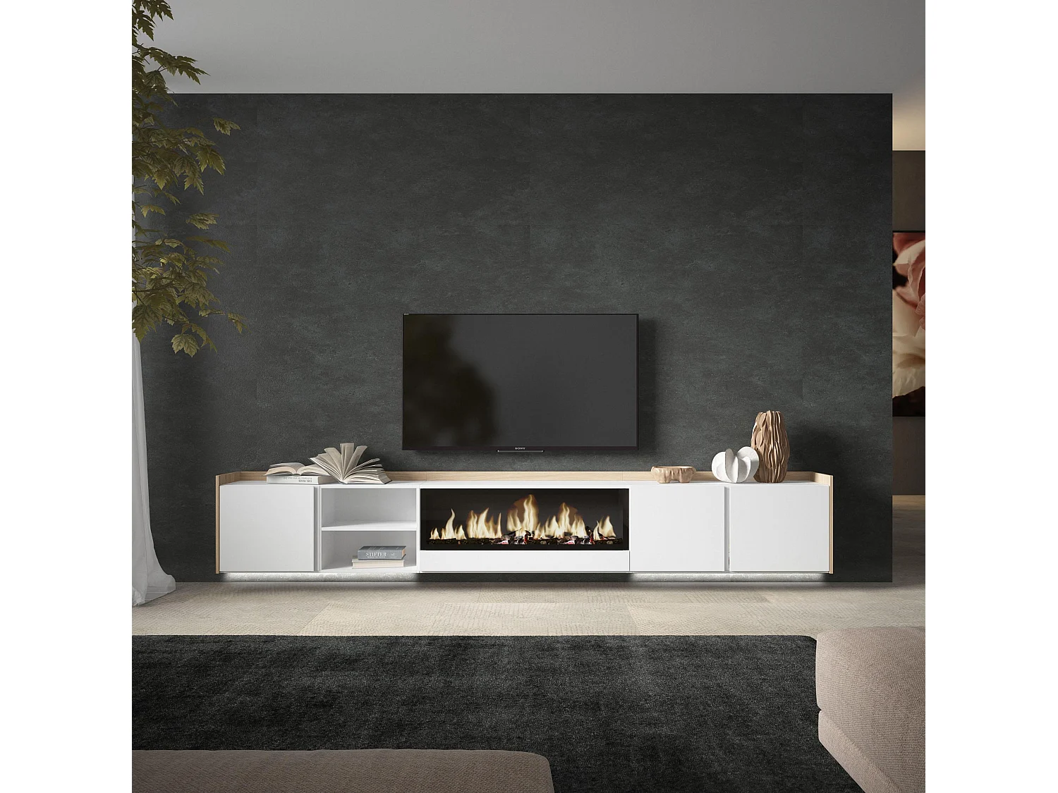 TV-Meubel, Lowboard, 315x50x35 cm, Voor tv's tot 80", Elektrische haard XXL, Hangend, LED, Wit en Eiken soft