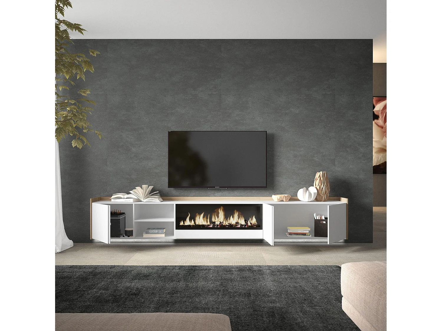 TV-Meubel, Lowboard, 315x50x35 cm, Voor tv's tot 80", Elektrische haard XXL, Hangend, LED, Wit en Eiken soft