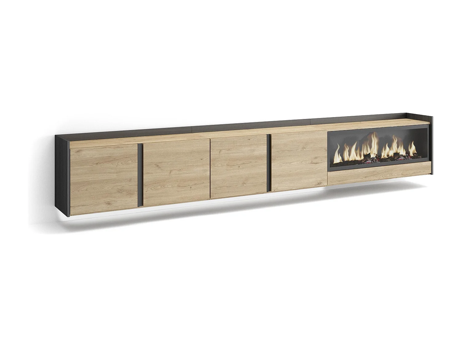 TV-Meubel, Lowboard, 315x50x35 cm, Voor tv's tot 80", Elektrische haard XXL, Hangend, LED, Eiken/Zwart