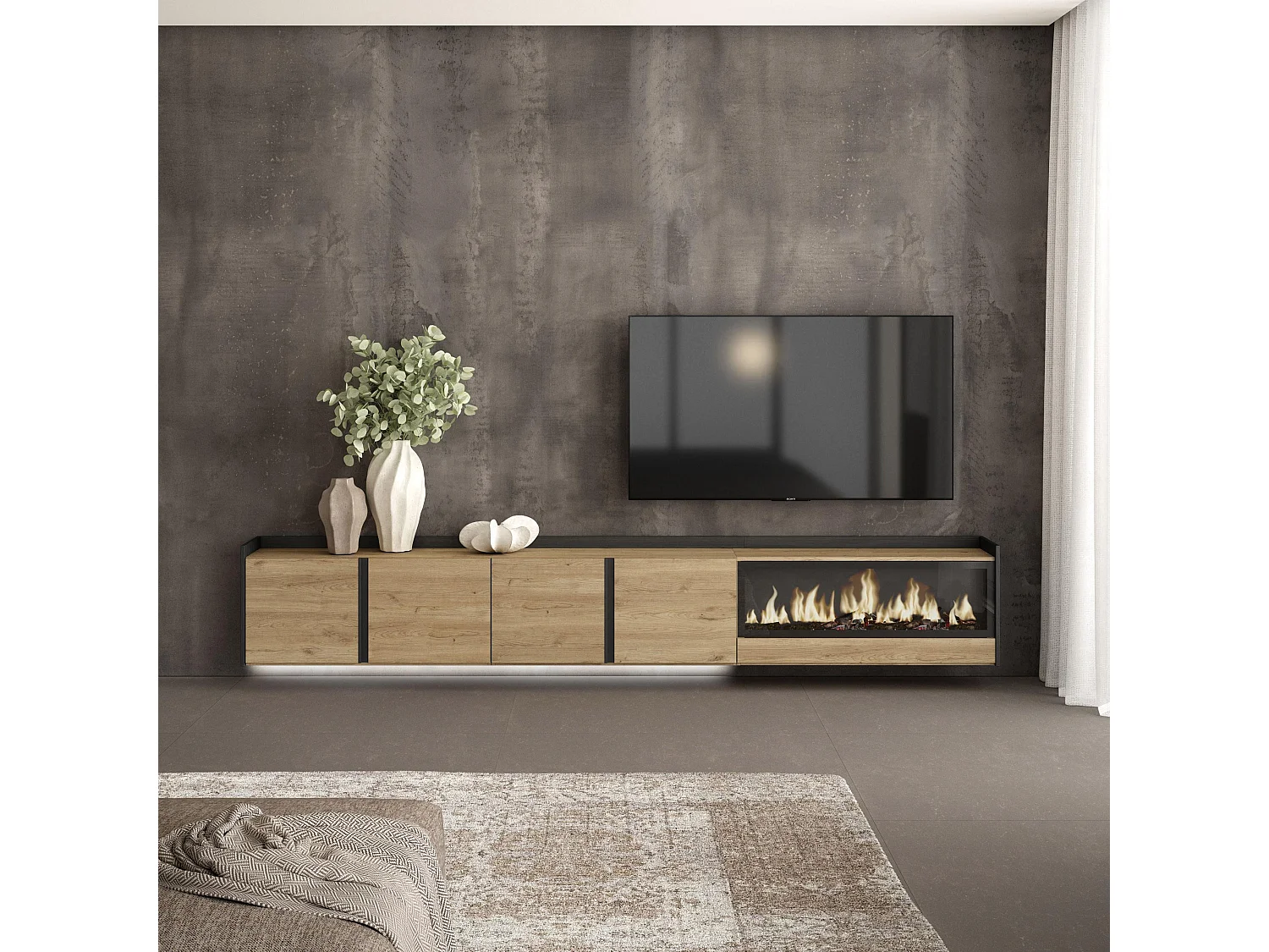 TV-Meubel, Lowboard, 315x50x35 cm, Voor tv's tot 80", Elektrische haard XXL, Hangend, LED, Eiken/Zwart
