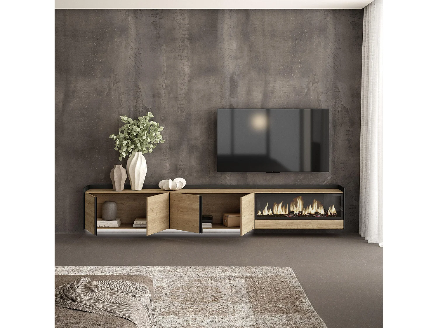 TV-Meubel, Lowboard, 315x50x35 cm, Voor tv's tot 80", Elektrische haard XXL, Hangend, LED, Eiken/Zwart