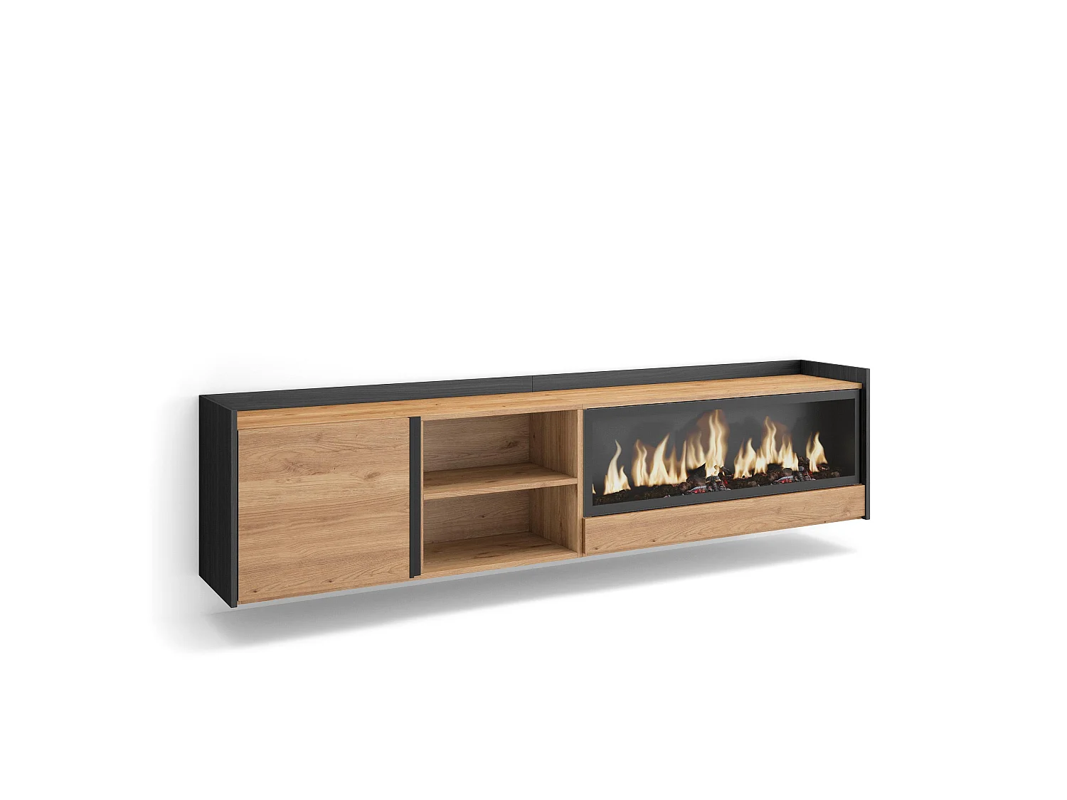 TV-Schrank, Lowboard, 212x50x35 cm, Für TV-Geräte bis zu 80", Elektrokamin XXL, Hängend, Eiche Schwarz