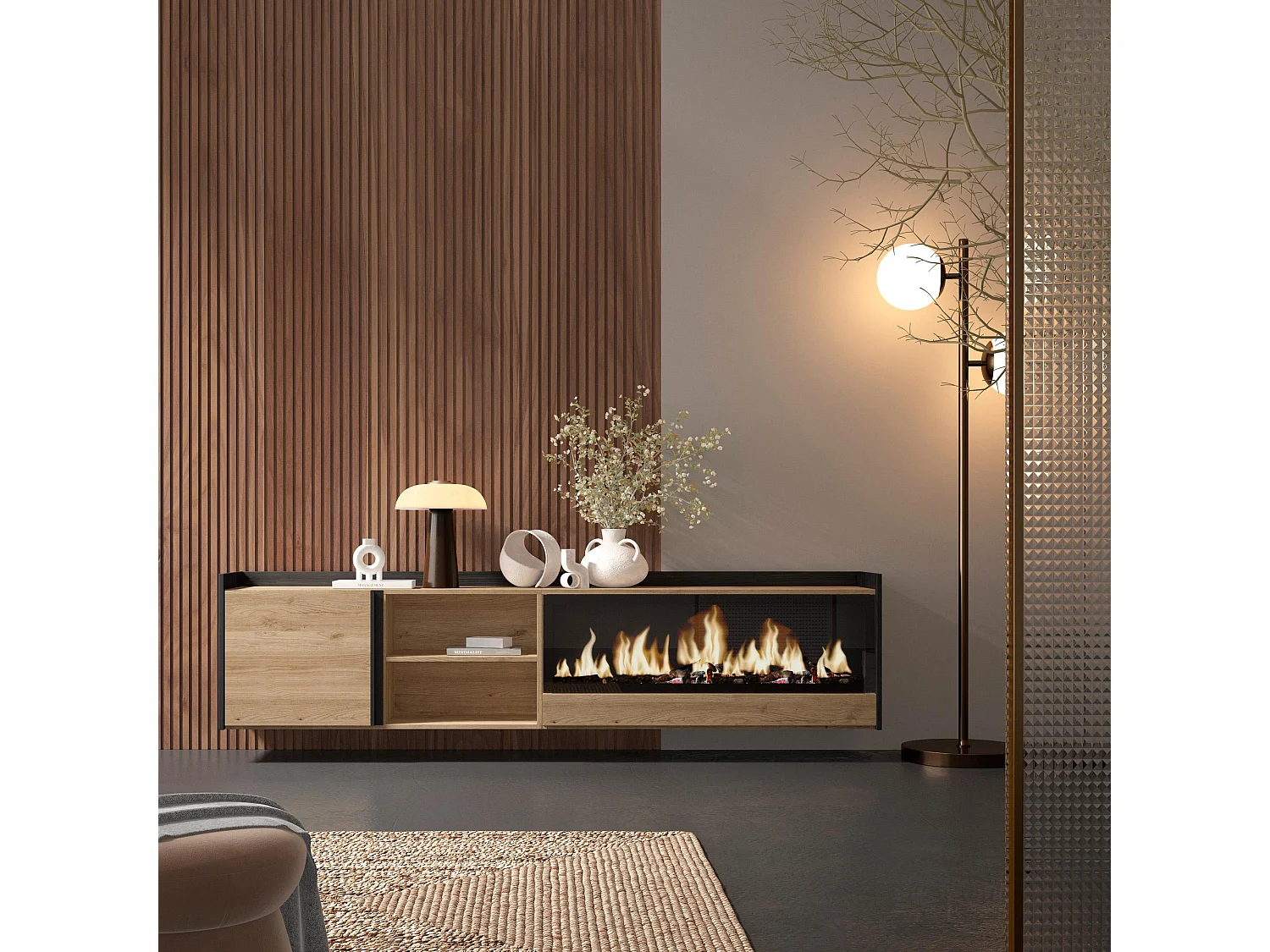 TV-Schrank, Lowboard, 212x50x35 cm, Für TV-Geräte bis zu 80", Elektrokamin XXL, Hängend, Eiche Schwarz