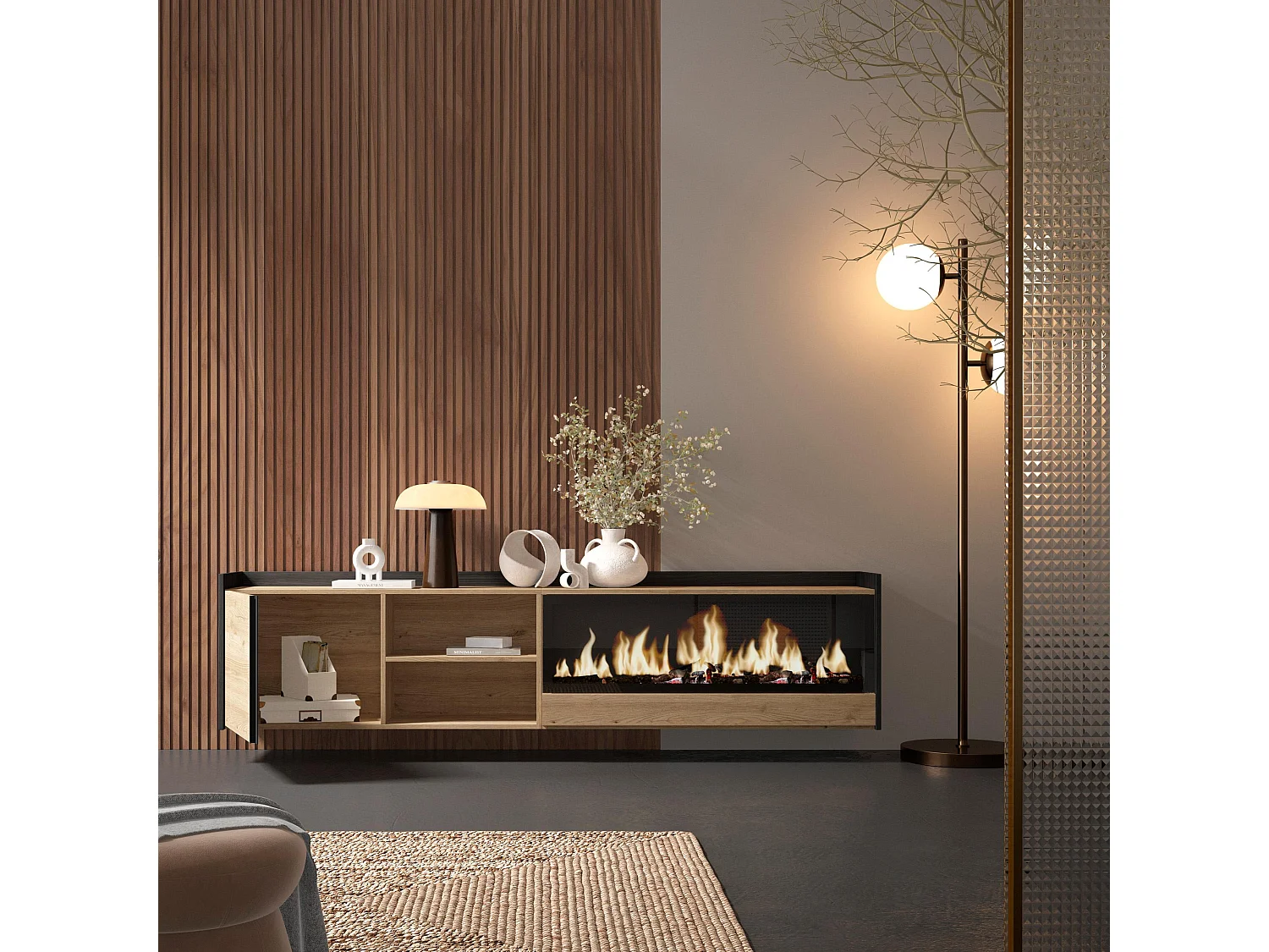 TV-Schrank, Lowboard, 212x50x35 cm, Für TV-Geräte bis zu 80", Elektrokamin XXL, Hängend, Eiche Schwarz