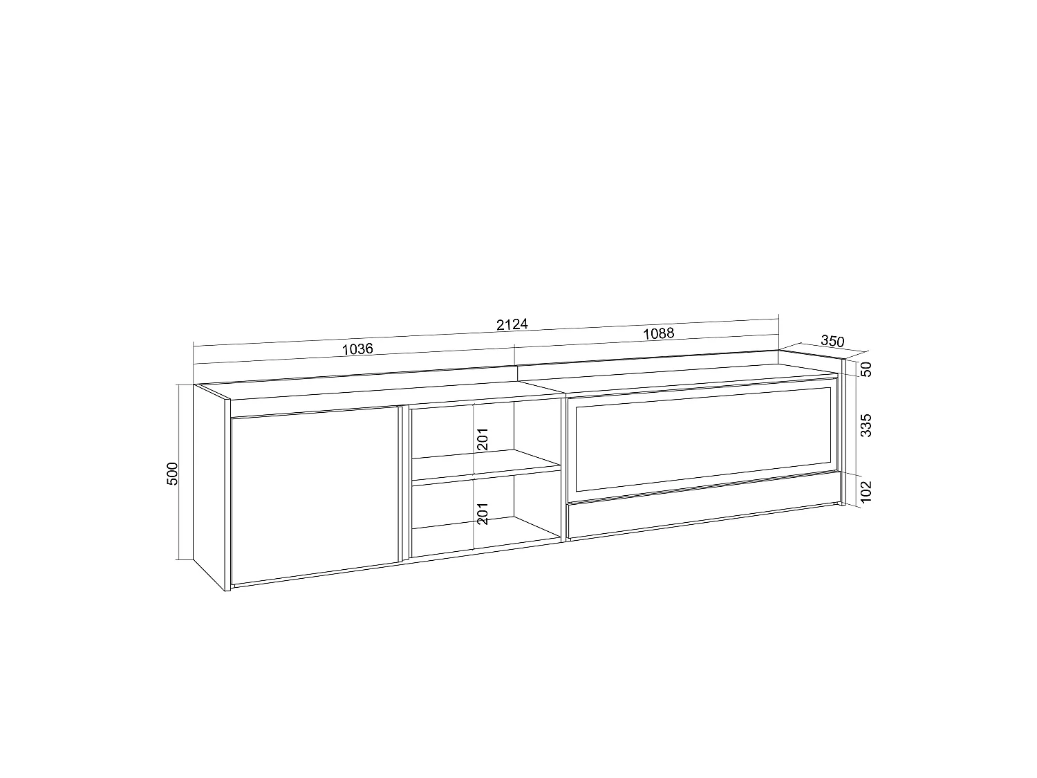 TV-Schrank, Lowboard, 212x50x35 cm, Für TV-Geräte bis zu 80", Elektrokamin XXL, Hängend, Eiche Schwarz